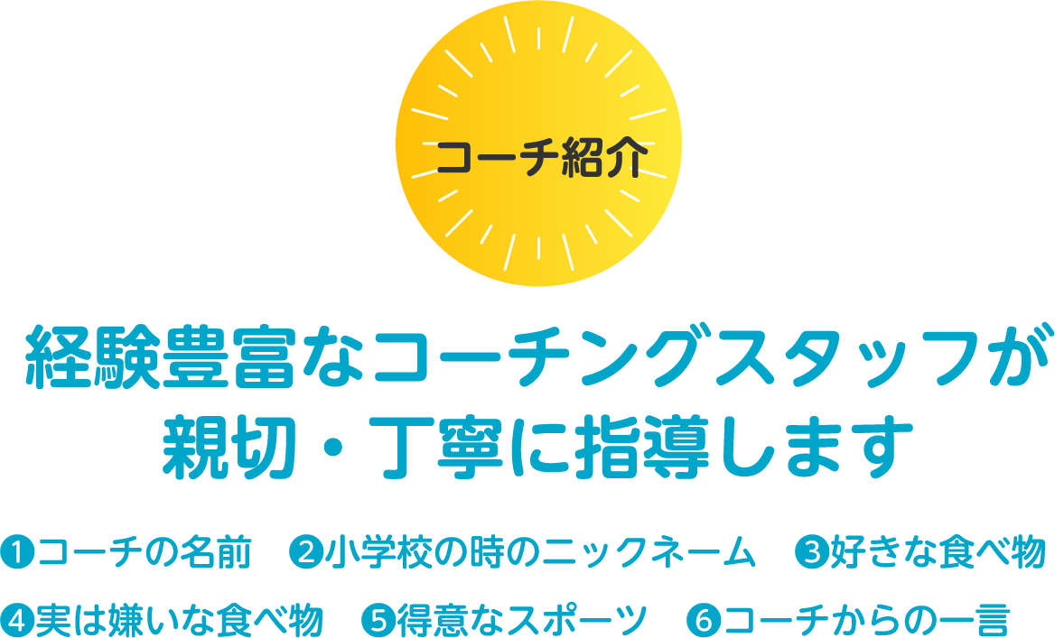 コーチ紹介 経験豊富なコーチングスタッフが親切・丁寧に指導します ❶コーチの名前　❷小学校の時のニックネーム　❸好きな食べ物　❹実は嫌いな食べ物　❺得意なスポーツ　❻コーチからの一言