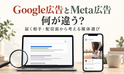 Google広告とMeta広告の違い。検索画面とSNS画面を示した媒体選びの記事のアイキャッチ