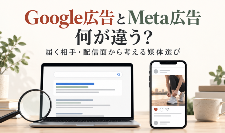 Google広告とMeta広告の違い。検索画面とSNS画面を示した媒体選びの記事のアイキャッチ